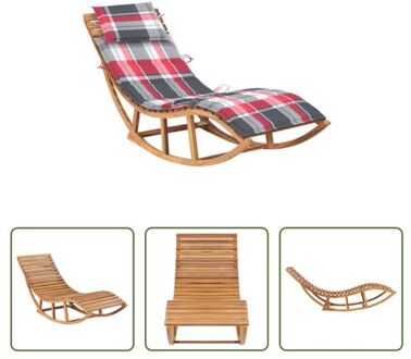 vidaXL houten ligstoel Schommelend Teak - 60x180x73 cm - Rood ruitpatroon Bruin