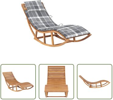 vidaXL Houten Ligstoel - Teak - Schommelend - 60x180x73 cm - Grijs ruitpatroon kussen Bruin