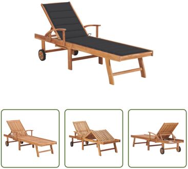 vidaXL Houten Loungebed - Ligstoel - 195x59.5 cm - Teakhout - Antraciet kussen Grijs