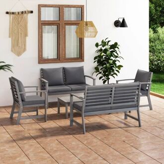 vidaXL Houten Loungeset - grijs - 2 stoelen + 2 bankjes - afneembare kussens - acaciahout - 100x50x33 cm