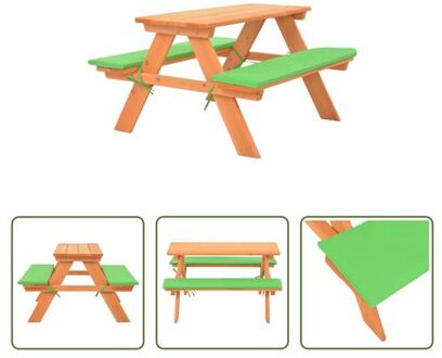 vidaXL Kinderpicknicktafel - Massief vurenhout - Waterbestendige kussens - Groen - 89 x 79 x 50 cm Bruin