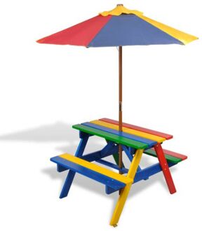 vidaXL Kinderpicknicktafel met banken en parasol hout meerkleurig Multikleur