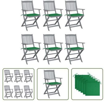 vidaXL Klapstoelen Set - Massief Acaciahout - Greywash - 6 Stuks met Kussens Groen