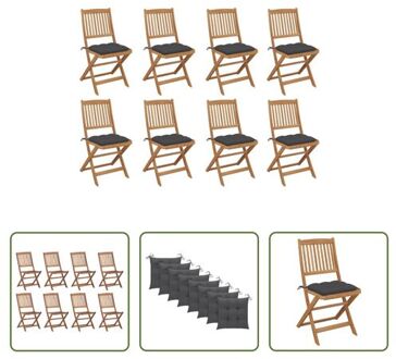 vidaXL Klapstoelenset - 8 Stoelen - Antraciet Kussen - Acaciahout - 48.5 x 57 x 91 cm - 2 Sets Touwtjes Grijs