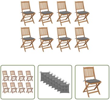 vidaXL Klapstoelenset Acaciahout - 8 Stoelen inclusief Kussens - Grijs - 48.5x57x91 cm