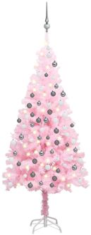 vidaXL Kunstkerstboom met LED's en kerstballen 150 cm PVC roze Grijs