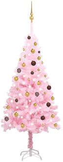 vidaXL Kunstkerstboom met LED's en kerstballen 180 cm PVC roze Goud