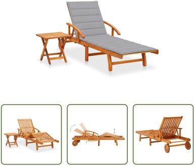 vidaXL Ligbed Acaciahout Lounger - 200x67x30/51/62/77/85 cm - Grijs kussen