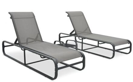 vidaXL Ligstoelset - Grijs - 2x Ligstoel 1x Theetafel - Textileen/Aluminium - Verstelbare rugleuning