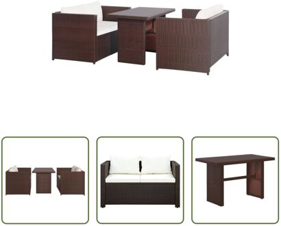 vidaXL Lounge Poly Rattan - Bruin - 2 banken - 1 tafel - 4 kussens