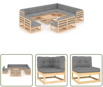 vidaXL Lounge set - Grenenhout - 3 hoekbank - 9 middenbank - 1 tafel - Grijs kussen - 70 x 70 x 67 cm - 100%