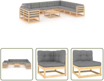 vidaXL Lounge Set Grenenhout - 5 Hoekbanken - 5 Middenbanken - Tafel - 10 Zitkussens - 15 Rugkussens Grijs