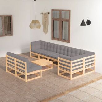 vidaXL Lounge set - Grenenhout - Grijs - 5x middenbank + 3x hoekbank + 1x tafel + 8x zitkussen + 11x