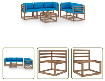 vidaXL Lounge Set - Grenenhout - Hoekbank + Middenbank + Tafel - Lichtblauwe Kussens