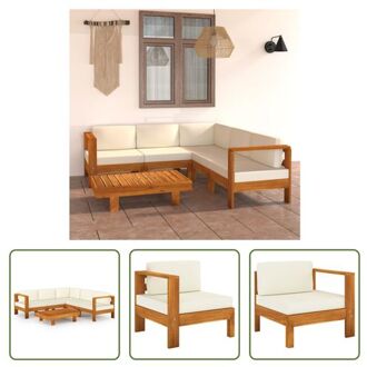 vidaXL Lounge Set Massief Acaciahout - 5-delig - 100x60x25cm - Crèmewitte kussens