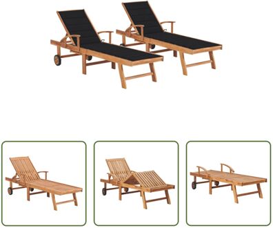 vidaXL Loungebed - Classic - Houten - 195x59.5 cm - Verstelbare rugleuning - Inclusief kussen - 2 stuks Zwart