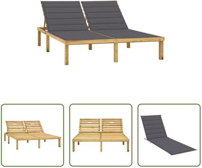 vidaXL Loungebed Grenenhout - 200x138x31.5-77 cm - Verstelbare Rugleuning - 2-persoons - Antraciet Kussen Grijs