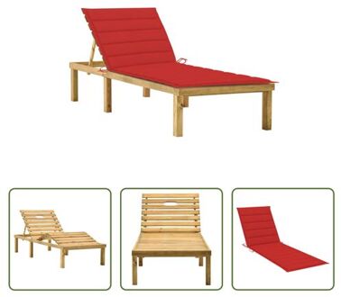 vidaXL Loungebed Grenenhout - Verstelbaar - Rood kussen 200x70cm