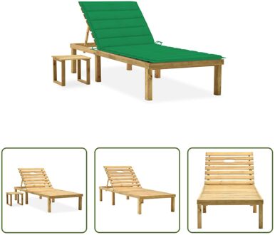 vidaXL Loungebed - Grenenhout - Verstelbare rugleuning - Inclusief kussen en tafel - Groen - 200x70x31.5-77cm