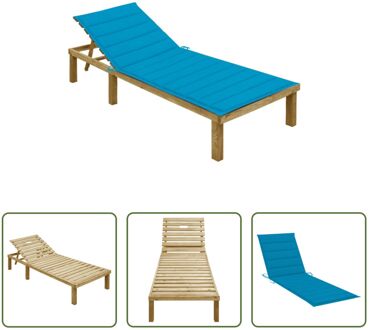 vidaXL Loungebed Houten - Ligstoel - 200 x 70 x (31.5-77) cm - verstelbare rugleuning - blauw kussen