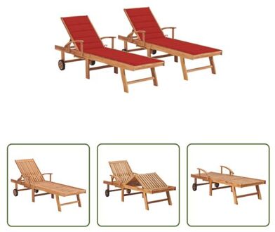 vidaXL Loungebed Houten - Teakhout - Gelat ontwerp - 195x59.5 cm - Verstelbare rugleuning - Inclusief kussen Rood