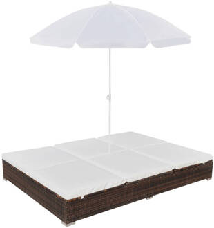 vidaXL Loungebed met parasol poly rattan bruin