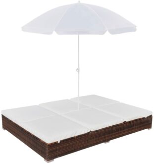 vidaXL Loungebed met parasol poly rattan bruin