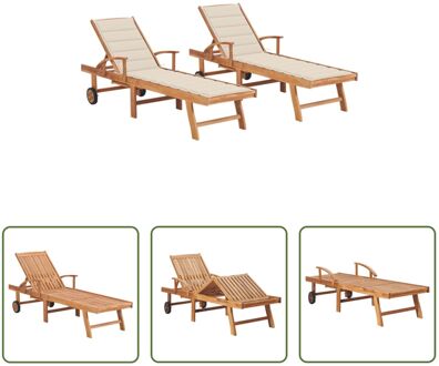 vidaXL Loungebed naam Tuinmeubelen - 195x59.5 cm - Teakhout - Inclusief 2 kussens Crème