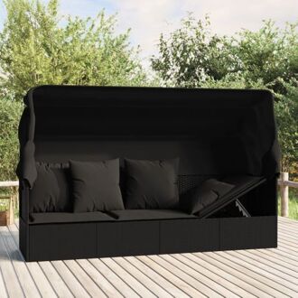 vidaXL Loungebed PE-rattan - 203x58x56 cm - inklapbare luifel - zwart