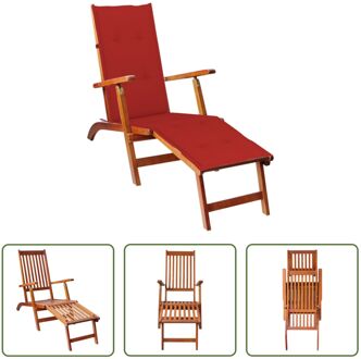 vidaXL Lounger Massief Acaciahout - Terrasstoel - Verstelbaar in 3 standen - Rood kussen - 167x56x75 cm