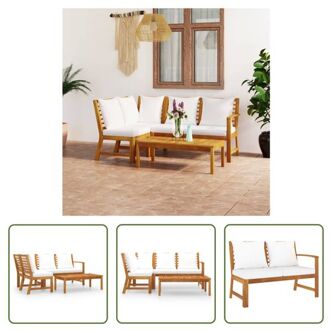 vidaXL loungeset Acacia - 4-delig - crème kussen - afmetingen bank- 114.5 x 60.5 x 81 cm - tafel- 100 x 50 x