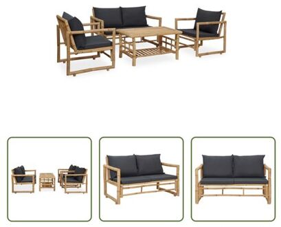 vidaXL Loungeset Bamboe - Bank 115x65x71 - 2 stoelen 60.5x65x71.5 - Tafel 90x49.5x45 - Donkergrijs kussen