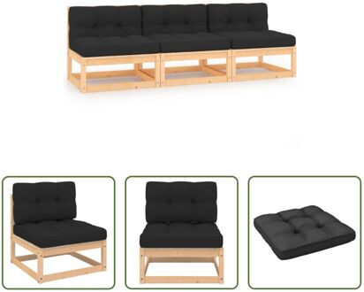 vidaXL Loungeset Grenenhout - 3x Middenbank - Antraciet kussen - 70x70x67cm Grijs