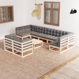 vidaXL Loungeset - Grenenhout - Grijs - 4 hoekbanken - 5 middenbanken - 1 tafel - Afmetingen- 70x70x67 cm