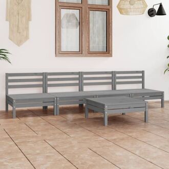 vidaXL Loungeset - Grenenhout - Grijs - 4 middenbanken - 1 tafel - 63.5x63.5x62.5 cm - Montage vereist