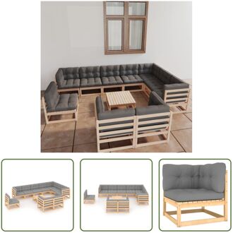 vidaXL Loungeset - Grenenhout - Grijs - 5 hoekbank + 5 middenbank + tafel - 70x70x67 cm - inclusief kussens