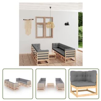 vidaXL loungeset - Grenenhout - Grijs kussen - Hoek/middenbank- 70x70x67cm - Tafel- 70x70x30cm - Zitkussen