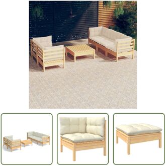 vidaXL loungeset Grenenhout - Hoek/Middenbank 63.5x63.5x62.5 - Voetenbank/Tafel 63.5x63.5x28.5 - Kussen Crème