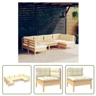 vidaXL Loungeset Grenenhout - Hoekbank 63.5x63.5x62.5 cm - Middenbank 63.5x63.5x62.5 cm - Crème kussens