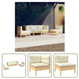 vidaXL Loungeset Grenenhout - Hoekbank (63.5x63.5x62.5 cm) - Middenbank (63.5x63.5x62.5 cm) - Kussens Crème