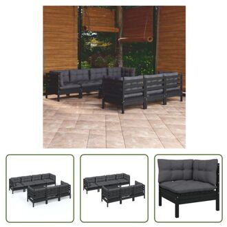 vidaXL Loungeset Grenenhout - hoekbank 63.5x63.5x62.5cm - middenbank 63.5x63.5x62.5cm - voetenbank/tafel Zwart