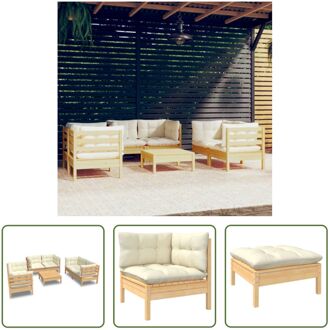 vidaXL Loungeset Grenenhout - Hoekbank 63.5x63.5x62.5cm - Voetenbank/Tafel 63.5x63.5x28.5cm - Crème kussens