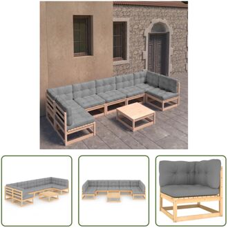 vidaXL Loungeset Grenenhout - Hoekbank 70x70x67cm - Middenbank 70x70x67cm - Tafel 70x70x30cm - Grijs kussen