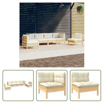 vidaXL Loungeset Grenenhout - Hoekbank en Middenbank - Crème Kussens - 63.5x63.5x62.5cm - Montage vereist