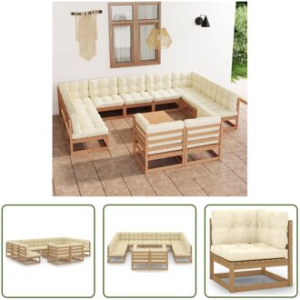 vidaXL Loungeset Grenenhout - Hoekbank - Middenbank - Tafel - 70x70x67 cm - Honingbruin - Crème kussen