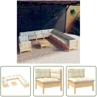 vidaXL Loungeset Grenenhout - Hoekbank - Middenbank - Voetenbank/Tafel - Crème kussen - 63.5 x 63.5 x 62.5