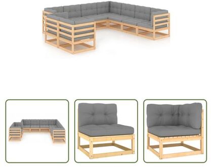 vidaXL Loungeset Grenenhout - hoekbanken - middenbanken - kussens - grijs - 70x70x67cm (BxDxH) - Montage