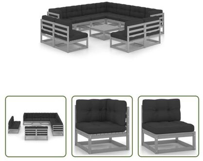 vidaXL Loungeset Grenenhout - Tuinmeubelen - 70x70x67 cm - Kleur- Grijs -Materiaal- Grenenhout en polyester