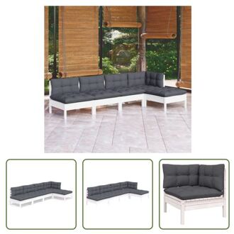 vidaXL Loungeset Grenenhout - Wit - Hoek/Middenbank 63.5x63.5x62.5cm - Voetenbank 63.5x63.5x28.5cm - Kussens