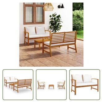 vidaXL Loungeset - Massief acaciahout - Bank - Tafel - Crème kussens